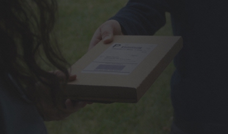 Postal worker handing an unbranded package to a woman